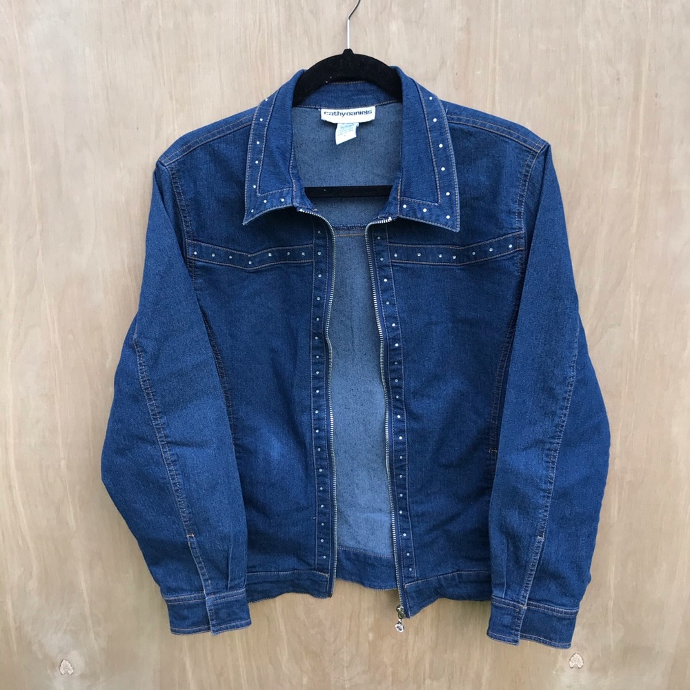 cathy daniels rhinestone zip denim jacket large